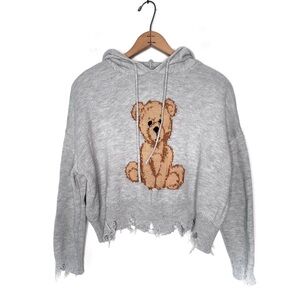 Just Polly Gray Distressed Hooded Teddy Bear Sweater Size Large